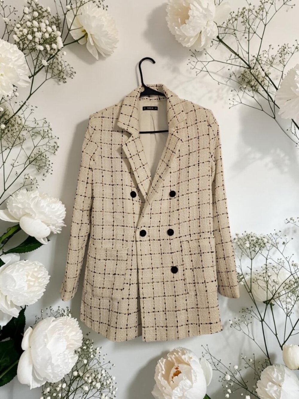 SHEIN Off‑White & Black Plaid Blazer – Double Breasted – Women’s Jacket